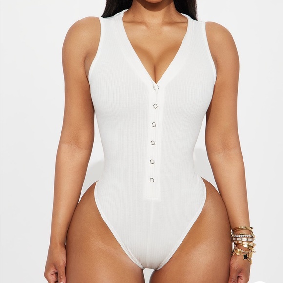 White Ribbed Button-Up Bodysuit - Picture 1 of 7